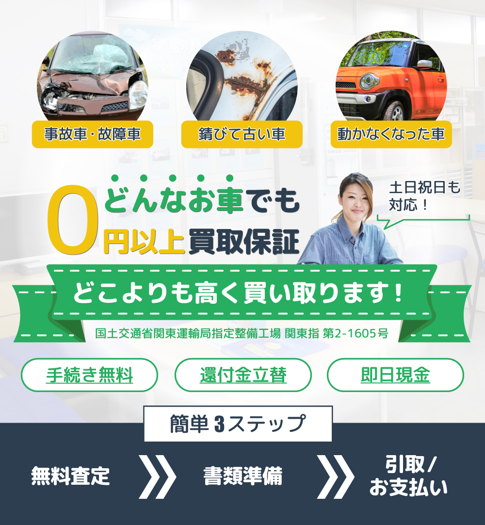 どんなお車でも0円以上買取保証。どこよりも高く買い取ります!